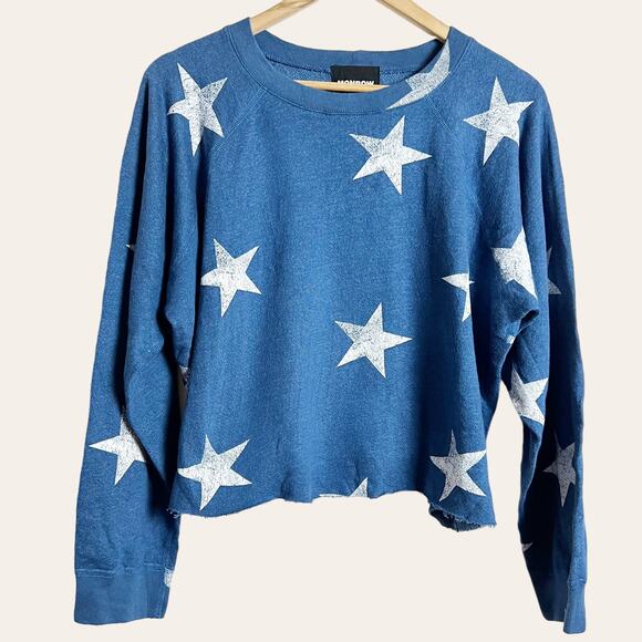 Monrow Blue Star Raglan Cropped Pullover Sweatshirt Size M - Picture 2 of 8